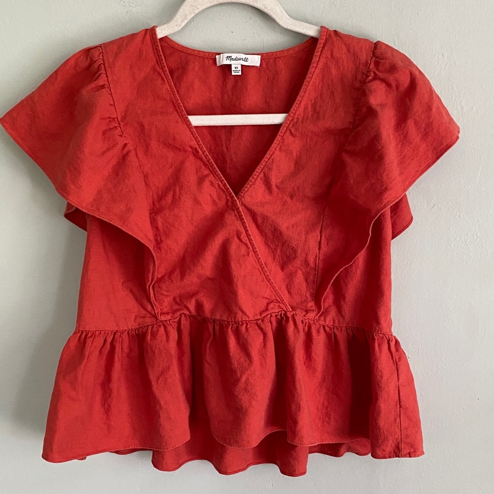 Madewell Women’s Burnt Orange Ruffle Sleeve Blouse Size XS